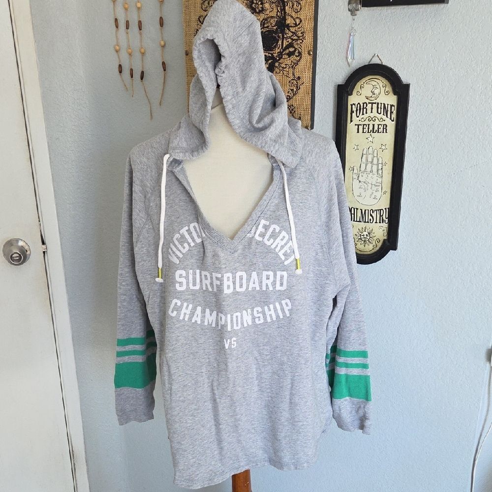 Victoria's Secret Gray Hoodie with Green Accents Large
